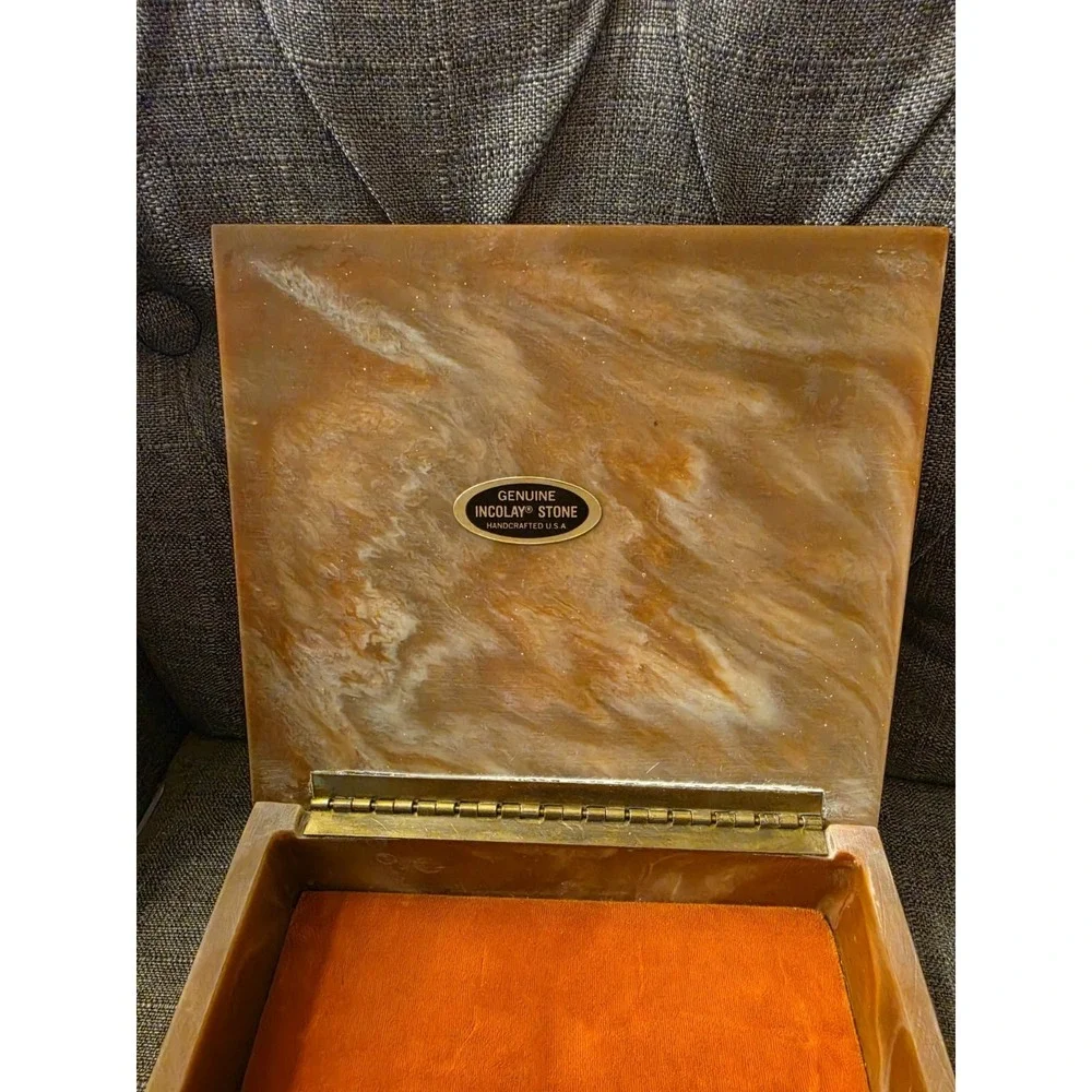 Vintage Incolay Stone Composite Jewelry Box With Tray Cherub Angels & Floral 7